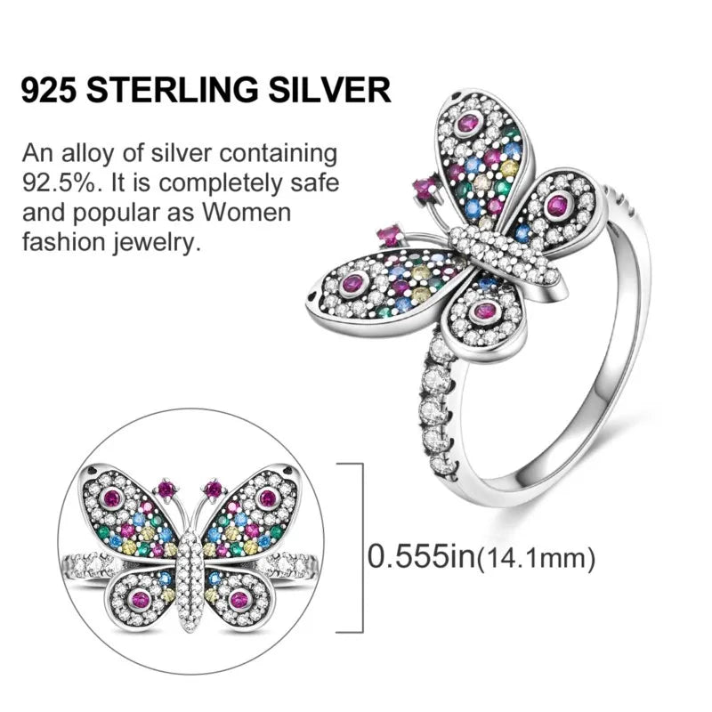925 Sterling Silver Inlaid Full With Colorful Zirconium Butterfly Rings For Wedding Engagement Silver Rings Jewelry