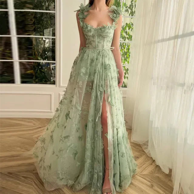Elegant Corset Evening Gown with Tulle Skirt & 3D Butterfly Appliqués
