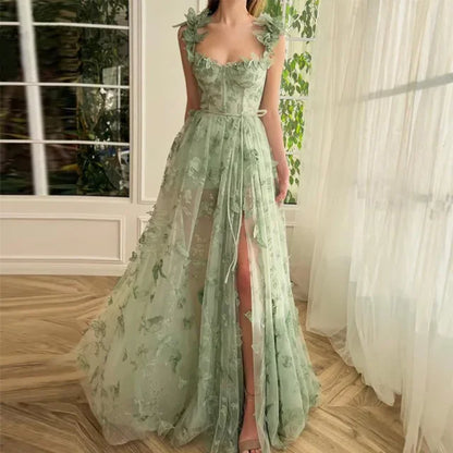 Elegant Corset Evening Gown with Tulle Skirt & 3D Butterfly Appliqués