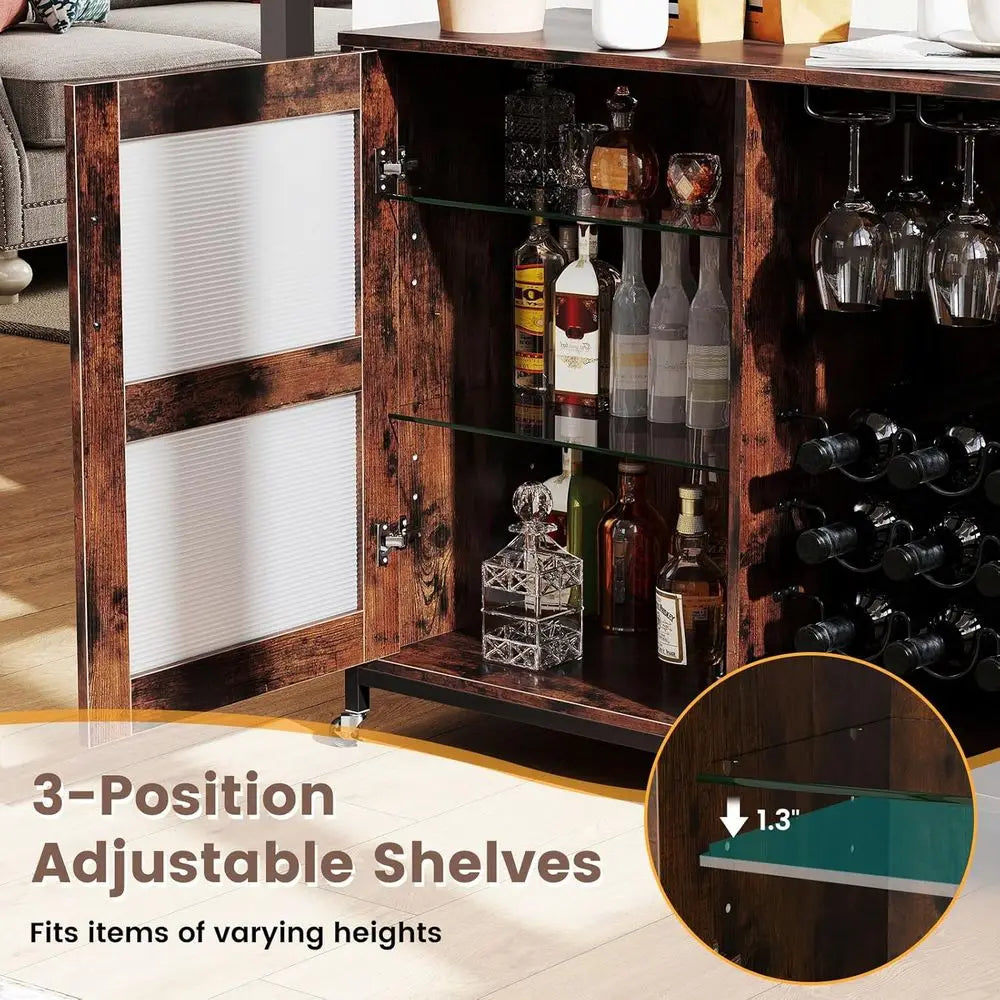 Rolling Wine Bar Cabinet with LED Lights — Rustic Brown