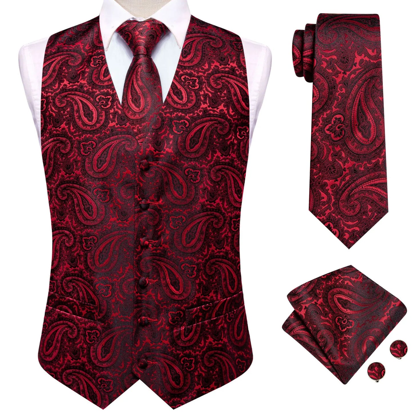 Hi-Tie 20 Color Silk Men's Vests Tie Slim Sleeveless Jacket Hanky Cufflink Waistcoat 4PC Suit