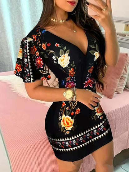 Women’s Elegant Floral Print Bodycon Mini Dress – Sexy Deep V‑Neck Summer Party & Office Look