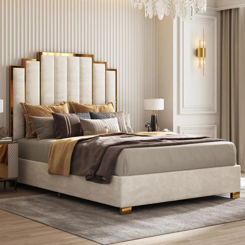Queen Velvet Bed with 61.4" Gold Trim Headboard – Cream