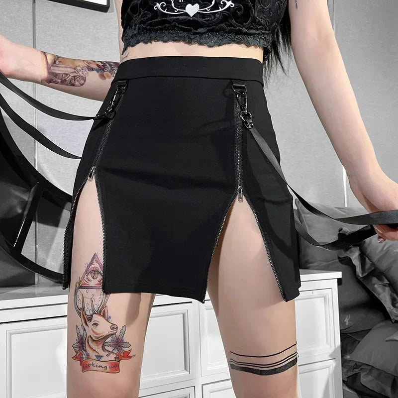 Dark Double Zipper Bag Hip Split Gothic Design Tight Skirt Harajuku Black Gothic Bag Hip Skirt Kawaii Vintage Y2k Skirt