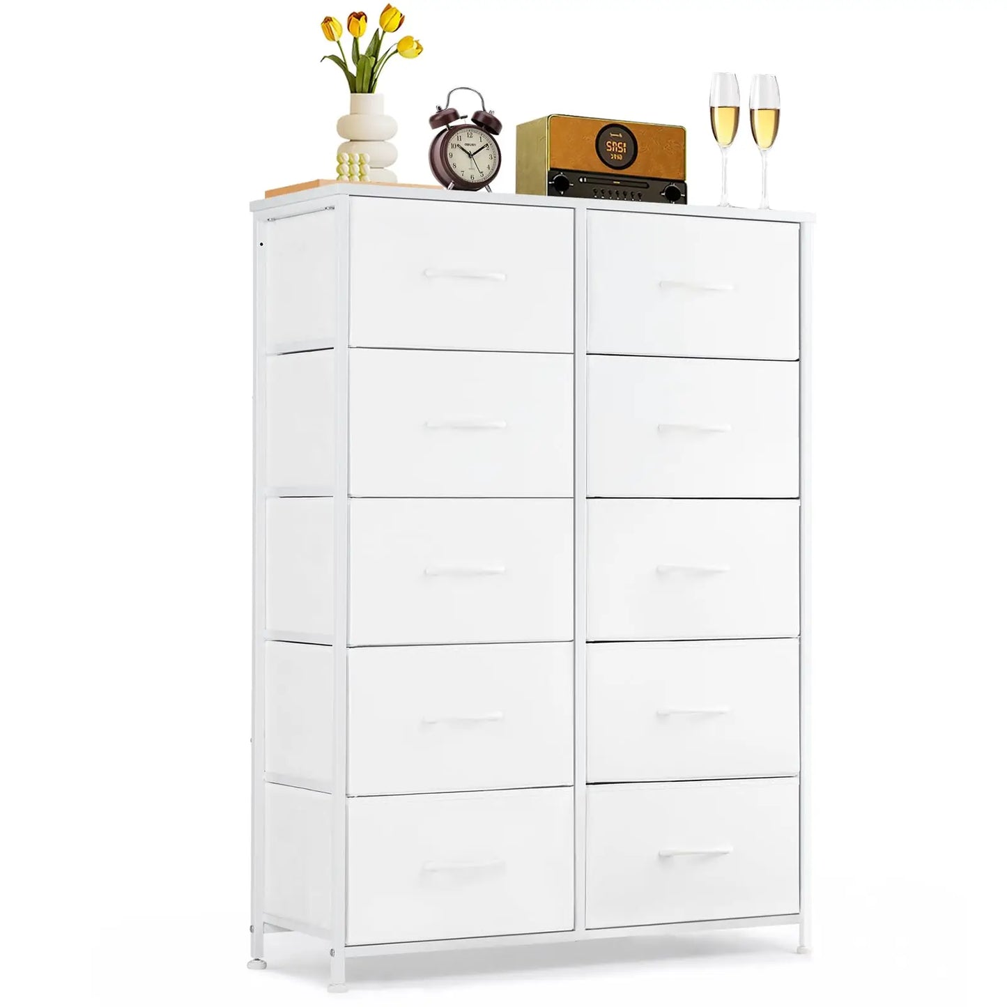 9‑Drawer Tall Bedroom Dresser with Wooden Top & Fabric Bins