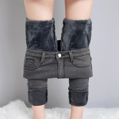delete Women Thermal Skinny Jeans Mom Winter Warm Plush Stretch Jeans Lady Fleece Snow Denim Pants Student Pencil Straight Leg Trousers