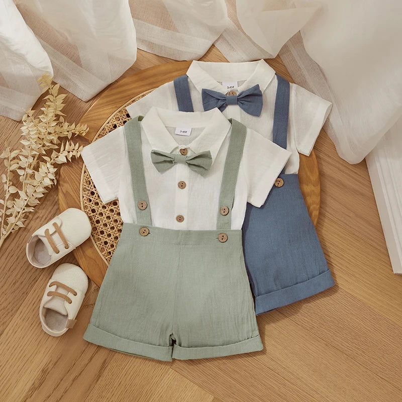 Baby Boy Outfits Short Sleeves Romper with Bow Tie Overalls Short Set