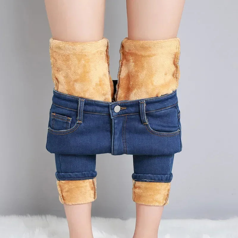 delete Women Thermal Skinny Jeans Mom Winter Warm Plush Stretch Jeans Lady Fleece Snow Denim Pants Student Pencil Straight Leg Trousers