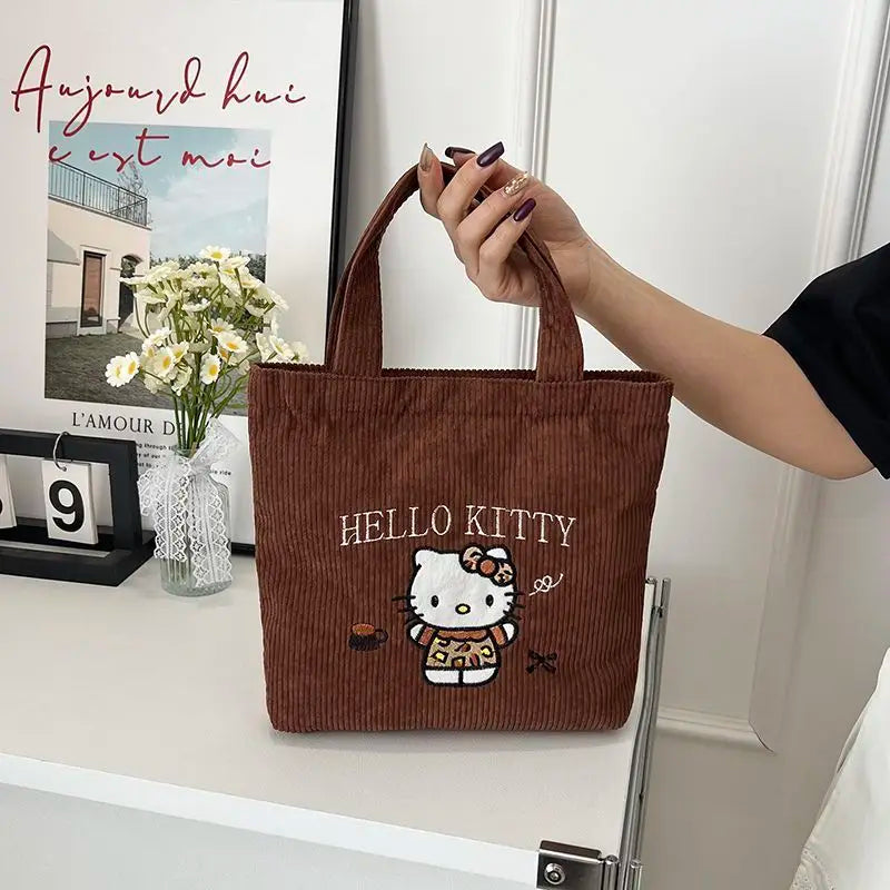 Hello Kitty Embroidered Corduroy Tote Bag (Reusable, Large Capacity, Kawaii Shoulder Handbag)