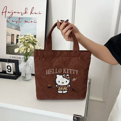 Hello Kitty Embroidered Corduroy Tote Bag (Reusable, Large Capacity, Kawaii Shoulder Handbag)