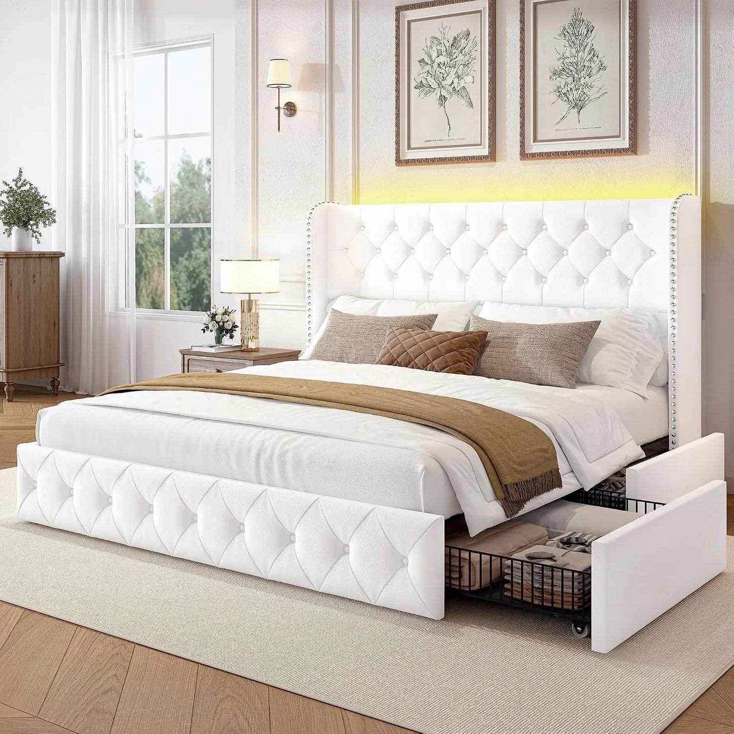 King Velvet Platform Bed w/ LED & 4 Storage Drawers
