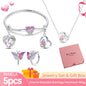 Pink Heart Bracelet Set 925 Silver Original Flower Ring Butterfly Earrings & Gift Box For Women Wedding Jewelry Best Wish 5pcs