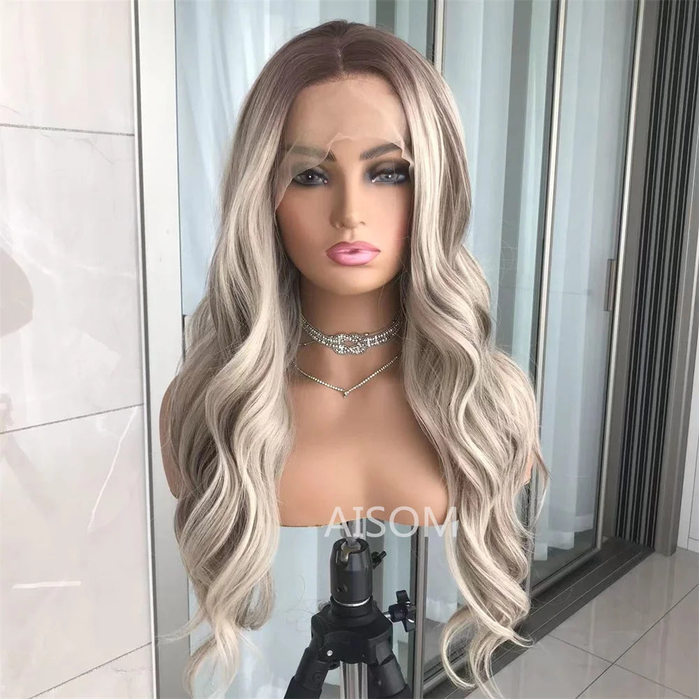 Ash Blonde Body Wave Lace Front Wig – Pre‑Plucked Long Wavy Synthetic Lace Frontal for Women