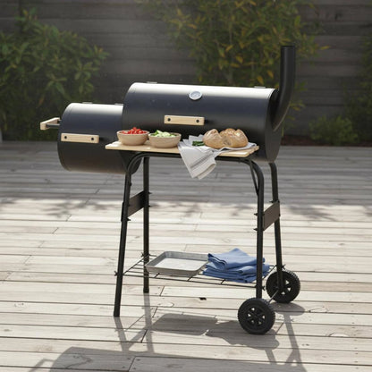 Two‑Chamber Barrel Charcoal Grill (Black, Wheeled, Outdoor BBQ)