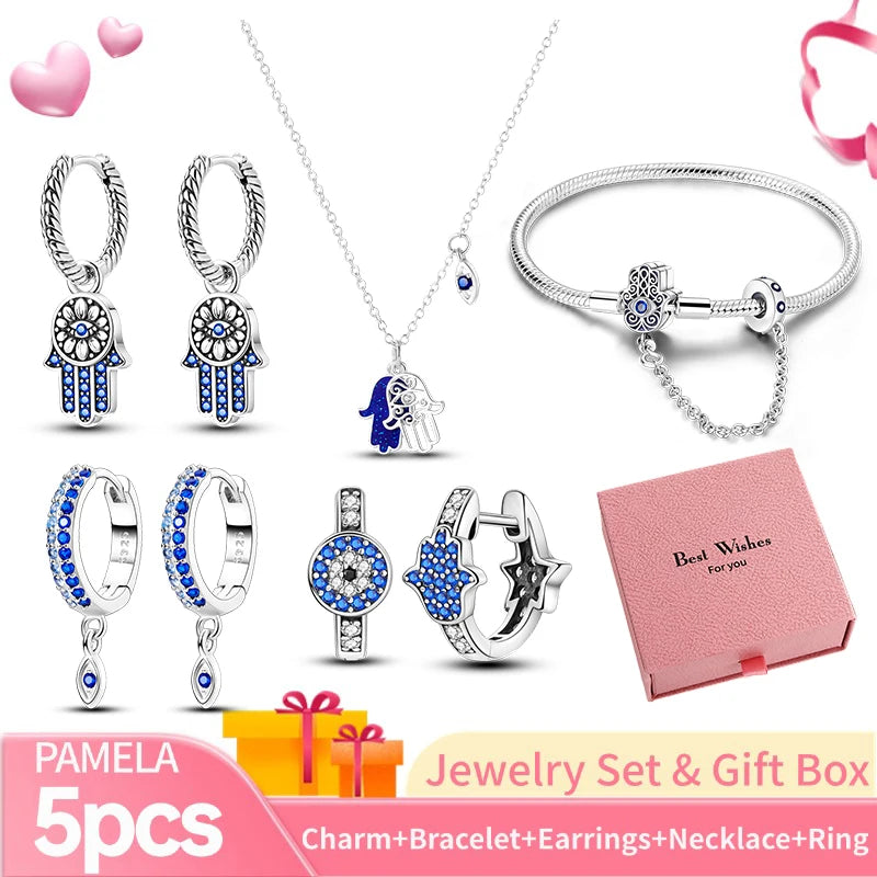 Pink Heart Bracelet Set 925 Silver Original Flower Ring Butterfly Earrings & Gift Box For Women Wedding Jewelry Best Wish 5pcs
