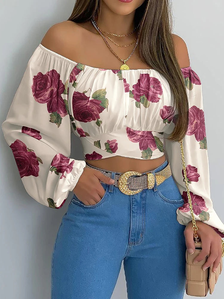 Women's Sexy Off Shoulder Chic and Elegant Lantern Long Sleeve Lace Up Bow Slim Cropped Tops