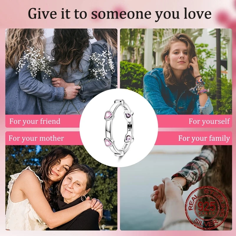 925 Sterling Silver Pink Love Ring – Inlaid Zircon Design for Women & Girls, Perfect Birthday or Anniversary Gift