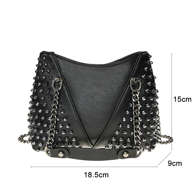 Studded Shoulder Bag Leather Punk Style Rock Rivet Crossbody Handbag Chain Wallet Purse