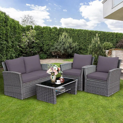 4‑Piece Patio Rattan Furniture Set with Glass Coffee Table