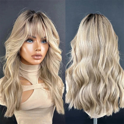 Lace Part Wigs for Women Ombre Ash Honey Blonde Colored Glueless Wigs with Bangs WEar and go 100% Natural Woman"s Wig Synthetic