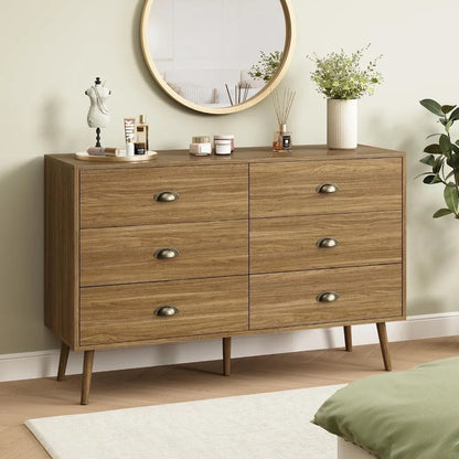 Mid‑Century 6‑Drawer Oak Dresser