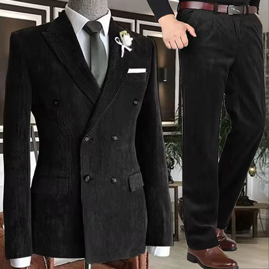 Men’s Slim‑Fit Corduroy Double‑Breasted Suit Set