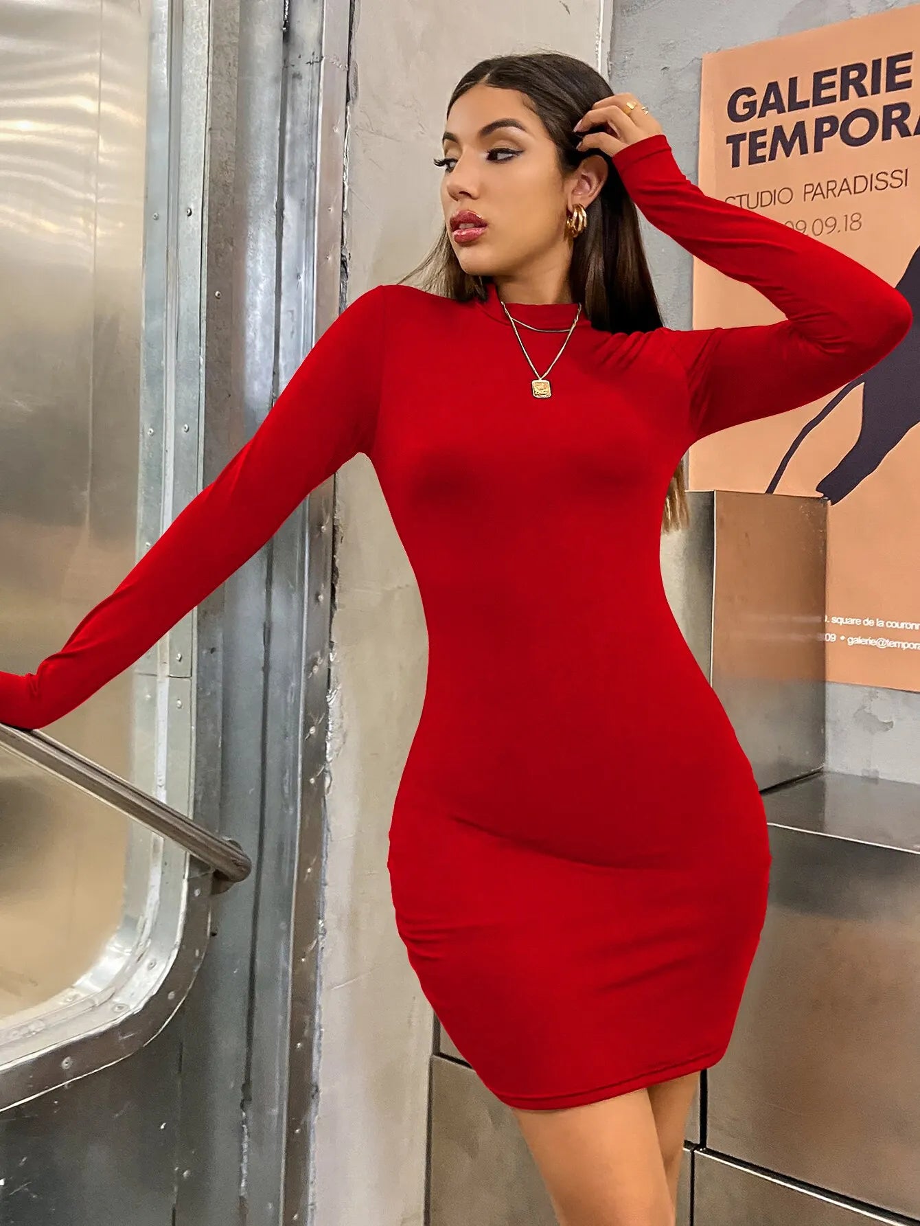 Women's Long Sleeve Slim Bodycon Turtleneck Pleated Short Mini Dress