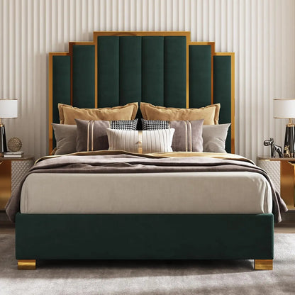 Queen Velvet Bed Frame with Gold Trim Headboard (Custom)