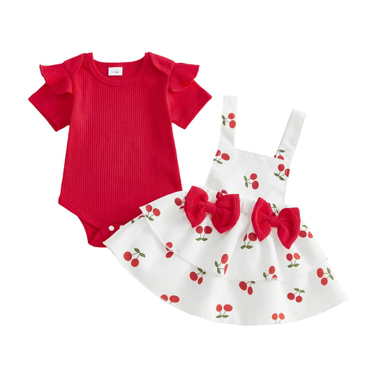 Pudcoco Baby Girls Summer 2 Piece Outfits Solid Short Sleeve Romper and Cherry Print Overalls Dress Set 0-18M