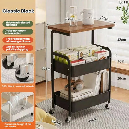 3-Tier Rolling Cart with Tabletop, Metal Tool and Snack Rack with Storage, Durable Carbon Steel Frame, Wheels for Easy Mobility