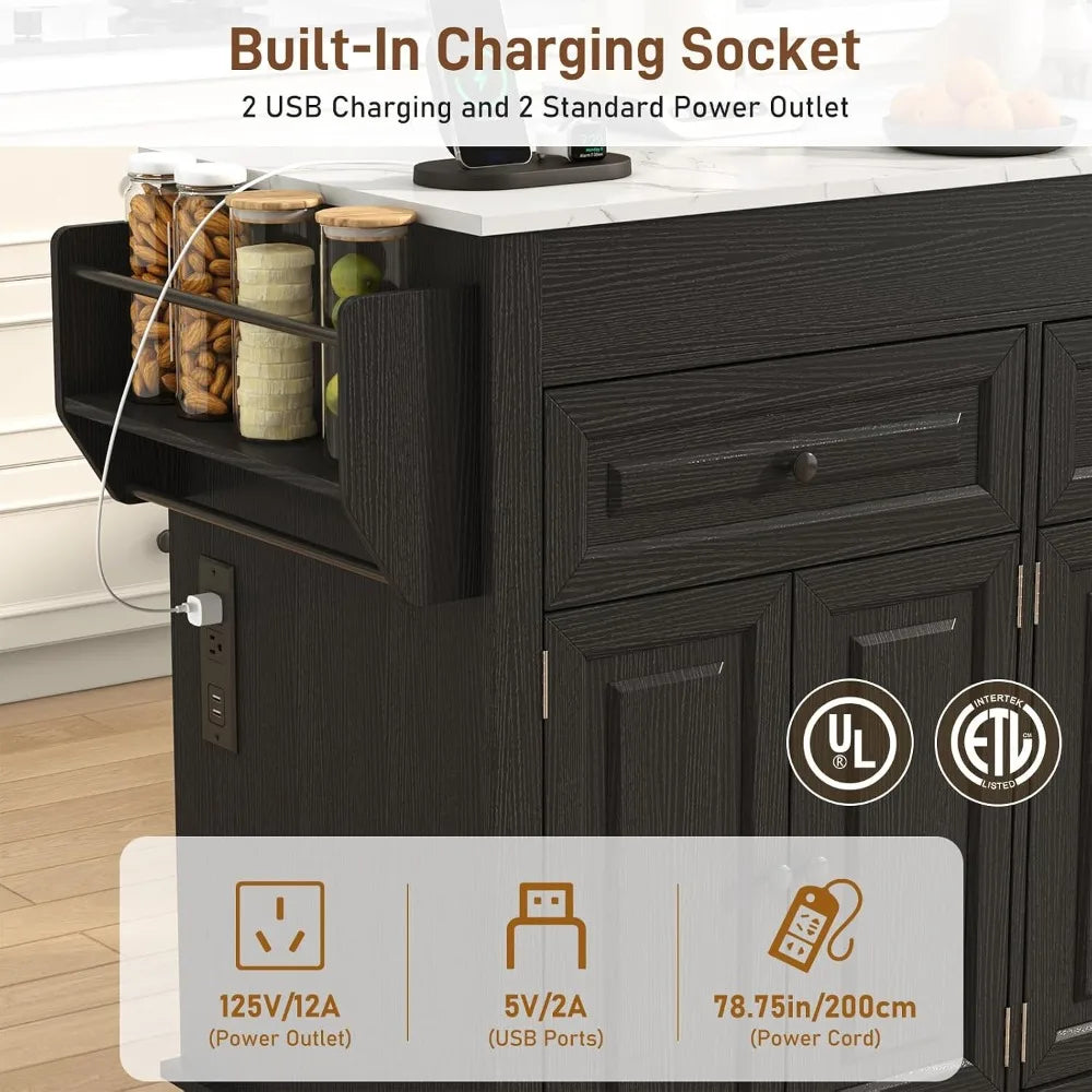 80"–48" Extendable Kitchen Island with Power Outlet & Marble Top