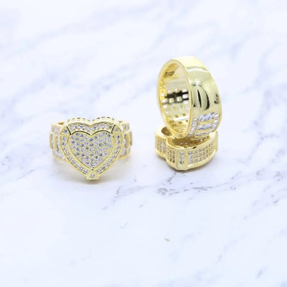 Mother's Day Gift For Girlfriend Hip Hop Gold Color Iced Out 5A Heart Cubic Zirconia Heart CZ Wedding Engagement Ring