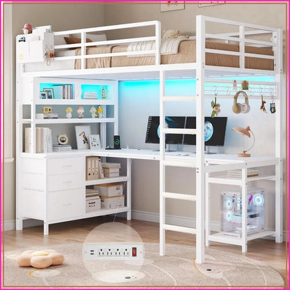 Twin Loft Bed w/ L‑Desk, Bookshelf, LED, Charging Station & Guardrail — White