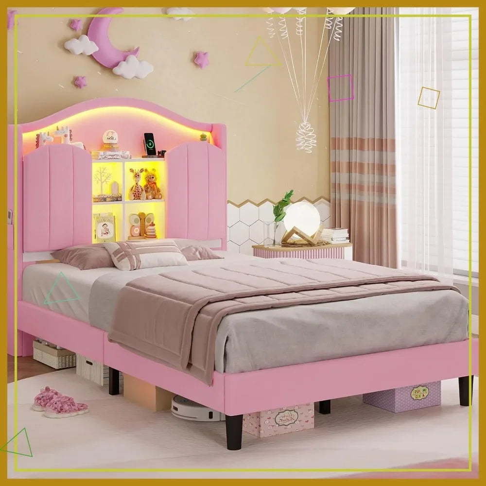 Twin LED Bed with Charging Station & Storage Headboard – Pink