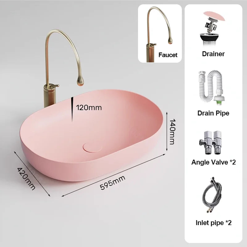 Pink Ceramic Vessel Sink – Modern Countertop Basin with Drain