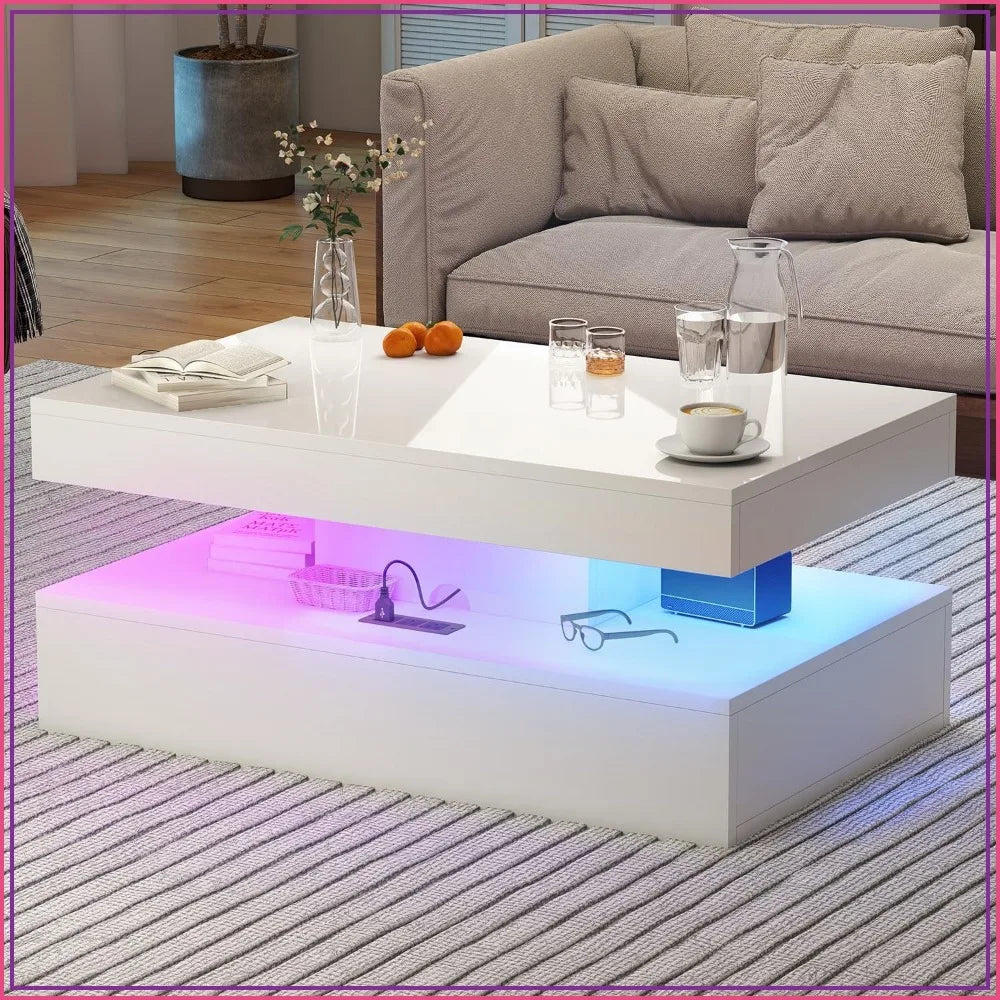 39" White High‑Gloss LED Coffee Table with USB Charging & 2 Drawers