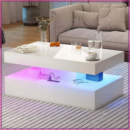 39" White High‑Gloss LED Coffee Table with USB Charging & 2 Drawers