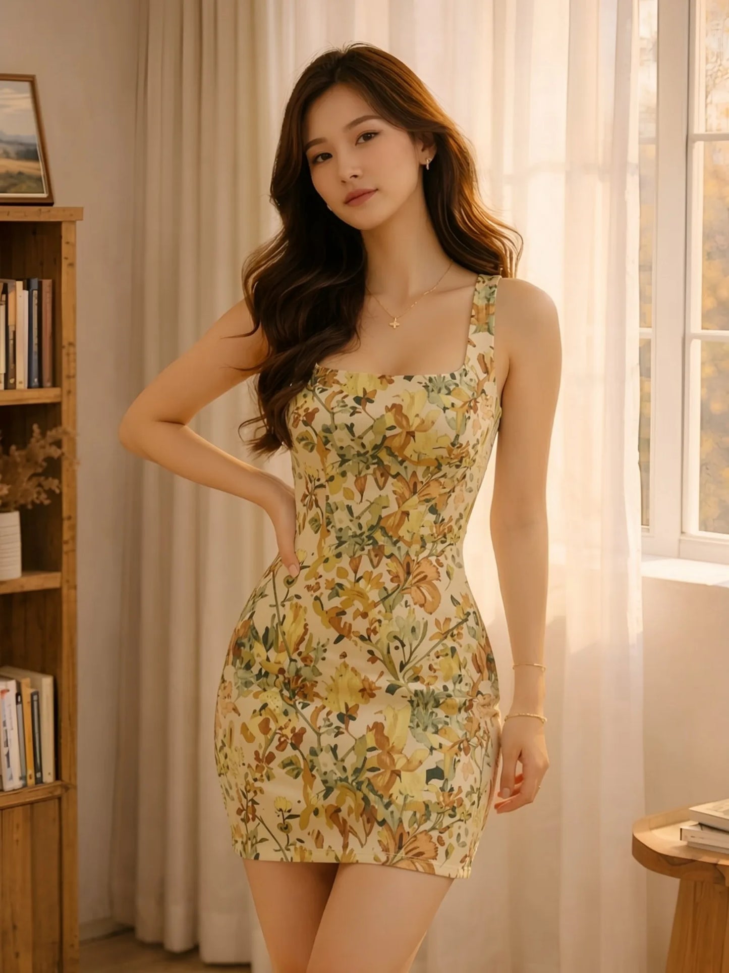 Women Square Neck Strap Mini Dress Slim Fit Daily Lounge Travel Casual Elegant Outfit for Lounge Seaside Weekend Outfits