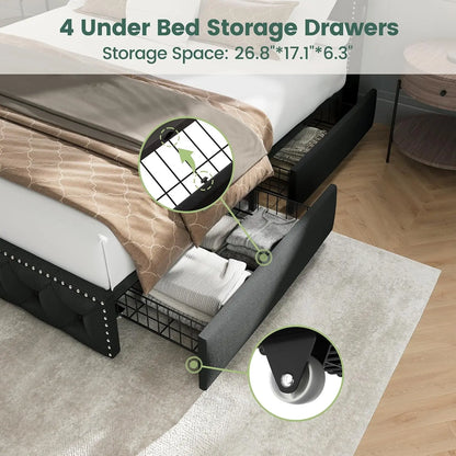 King Bed Frame w/ LED & 4 Drawers — Velvet Upholstered
