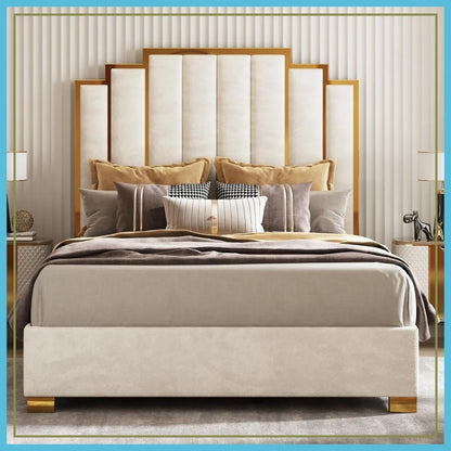 Queen Velvet Bed with 61.4" Gold Trim Headboard – Cream