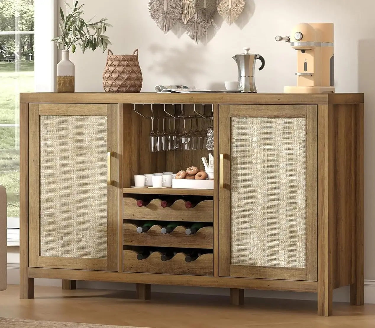 Boho Rattan Wine Bar Cabinet with Glass Holder & Drawer Racks (Custom)