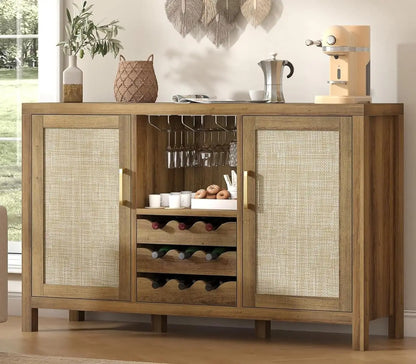 Boho Rattan Wine Bar Cabinet with Glass Holder & Drawer Racks (Custom)