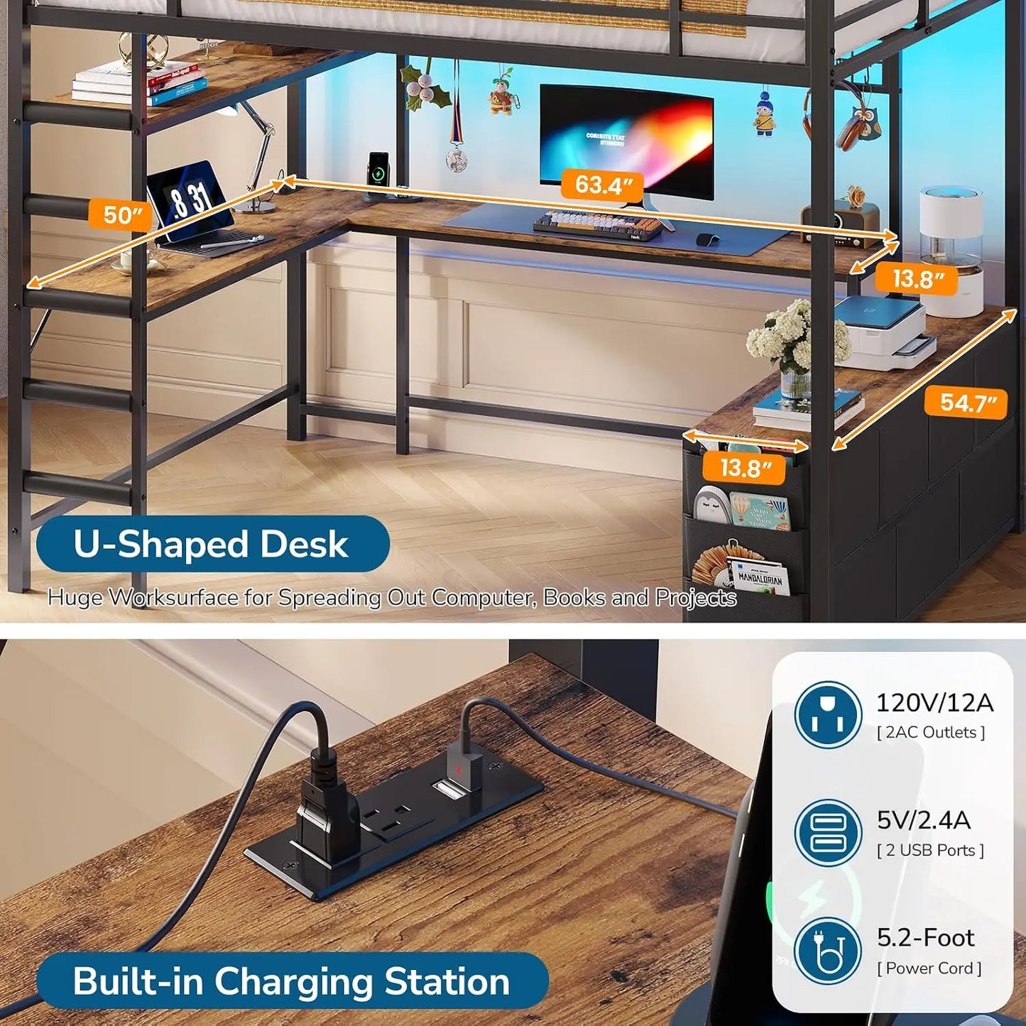Full Loft Bed w/ U‑Desk, 7 Drawers, 2‑Tier Shelves & RGB LED — Customized