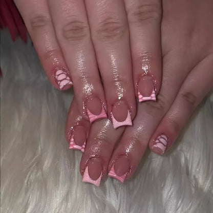 24Pcs French Pink Press on Nails Short Square Head Fake Nails with Flower Rhinestone Design Wearable Finished False Nail Tips
