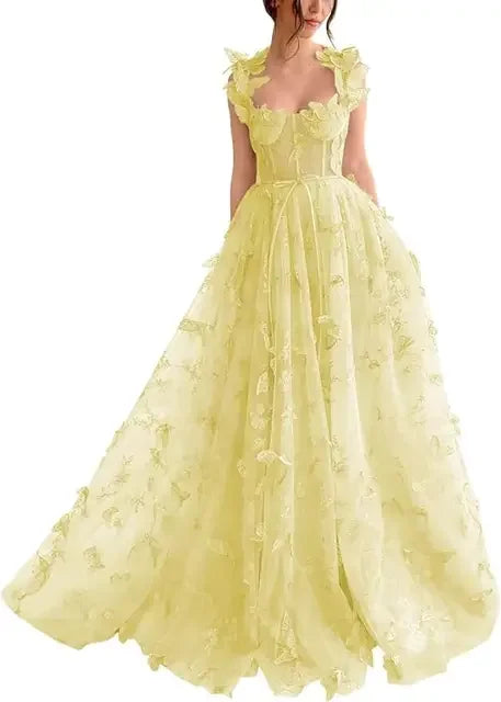 Elegant Corset Evening Gown with Tulle Skirt & 3D Butterfly Appliqués