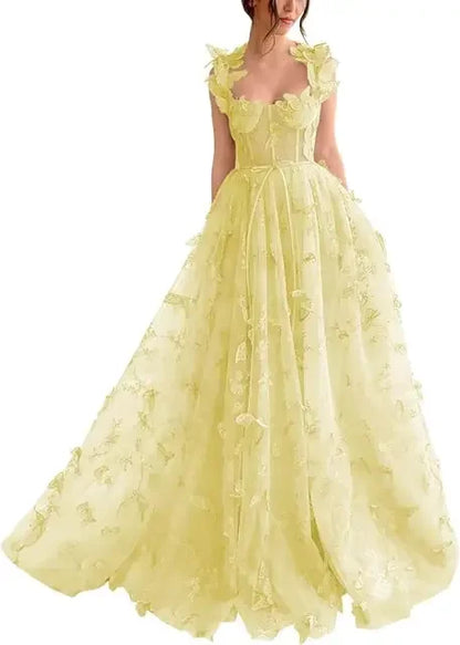 Elegant Corset Evening Gown with Tulle Skirt & 3D Butterfly Appliqués