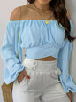 Women's Sexy Off Shoulder Chic and Elegant Lantern Long Sleeve Lace Up Bow Slim Cropped Tops