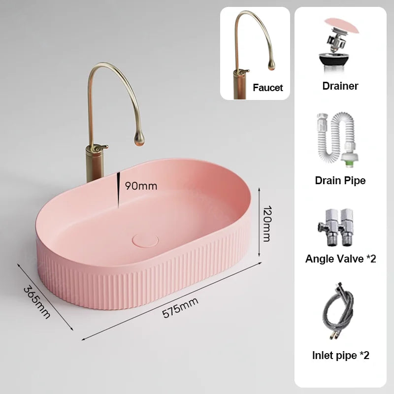 Pink Ceramic Vessel Sink – Modern Countertop Basin with Drain