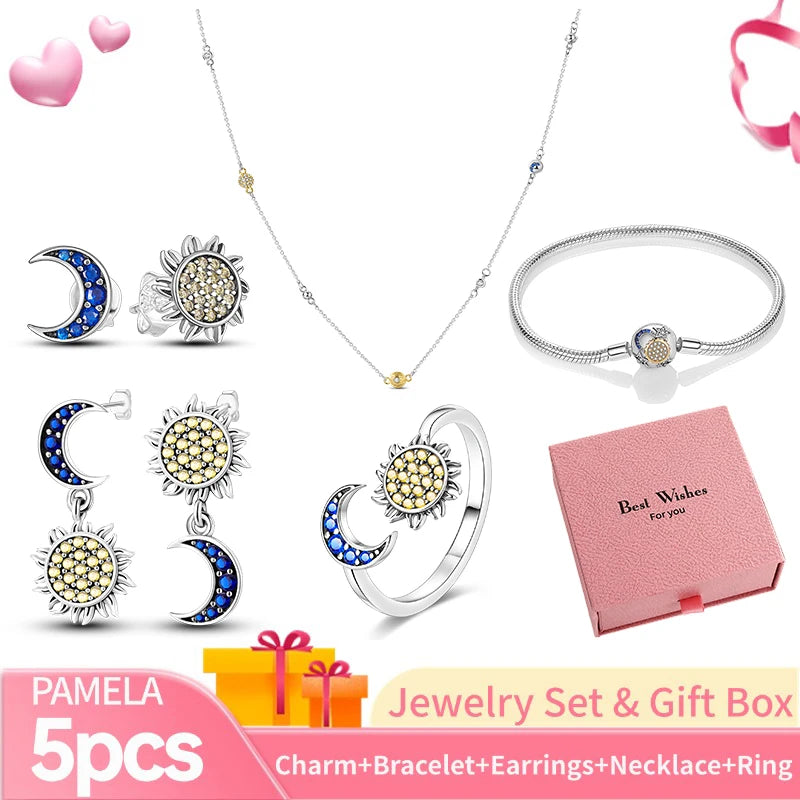 Pink Heart Bracelet Set 925 Silver Original Flower Ring Butterfly Earrings & Gift Box For Women Wedding Jewelry Best Wish 5pcs