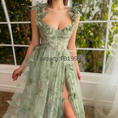 Elegant Corset Evening Gown with Tulle Skirt & 3D Butterfly Appliqués